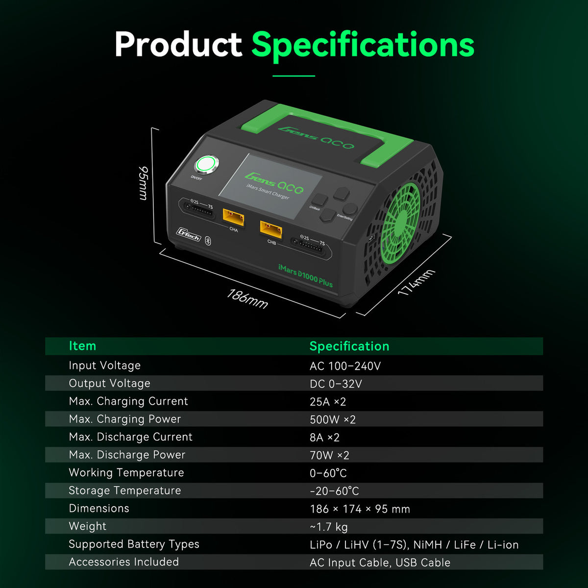 iMars D1000 Plus charger specifications